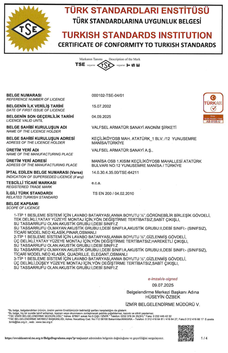 TS EN 200 - Çift Kumandalı Armatürler ve Musluklar