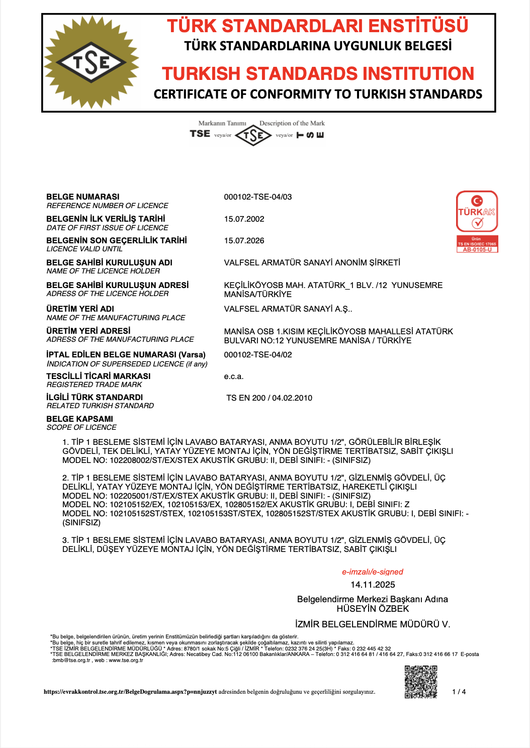 TS EN 200 - Çift Kumandalı Bataryalar ve Musluklar