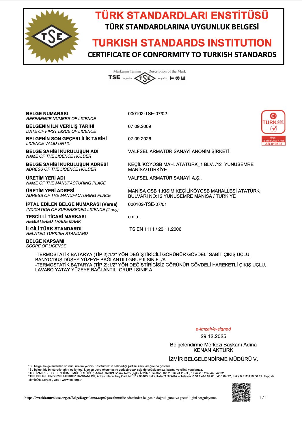 TS EN 1111 - Termostatik Bataryalar