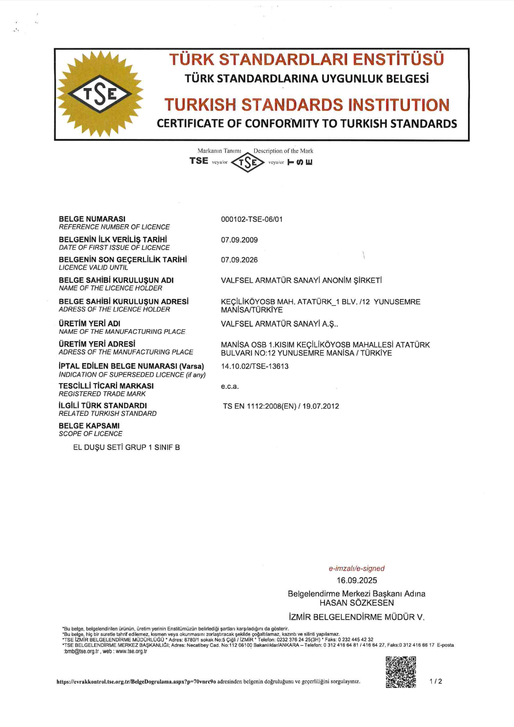 TS EN 1112 - El Duşu Setleri