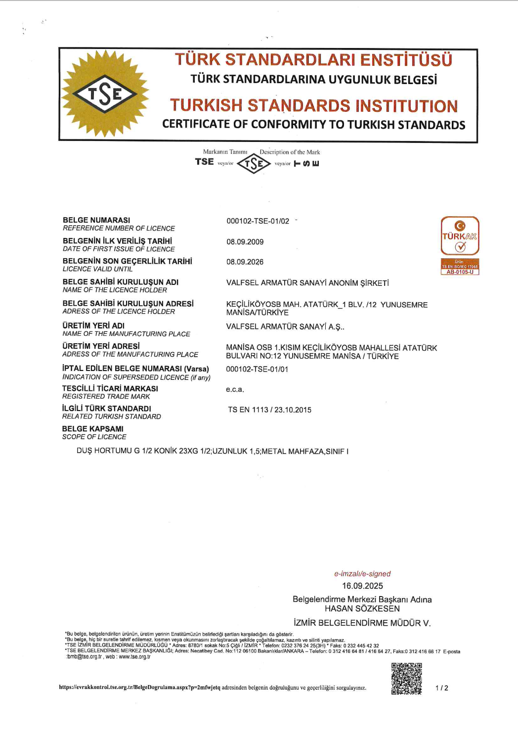 TS EN 1113 - Duş Hortumları