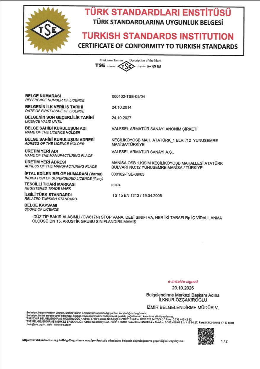 TS 15 EN 1213 - Ankastre Ara Kesme Valfleri